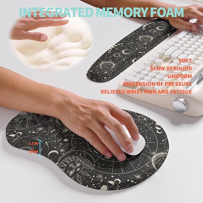 2-in-1 Ergonomic Set, Wave Rise Keyboard Wrist Rest and Massage Bulge Slope Mouse Pad Wrist Support, Cushion Memory Foam Integrated to Relieve Wrist Pain, Constellation