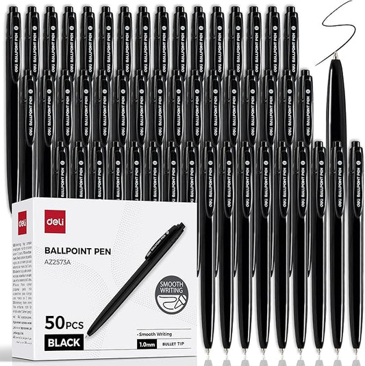 deli Pens Bulk, 50 Pack Retractable Ballpoint Pens, 1.0MM Black Ink,Smooth Writing, No Bleed, Comfortable Grip for Home,Office & School Use