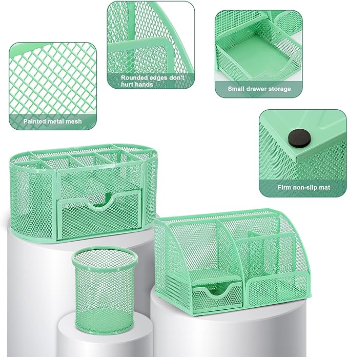 17 in 1 Green Desk Organizers and Accessories Set, 3 Office Desk Supplies Storage Organization, 4 Pens, Stapler, Staples & Remover, Tape & Dispenser, Scissors, Ruler, Clips, Hole Punch, Back to School