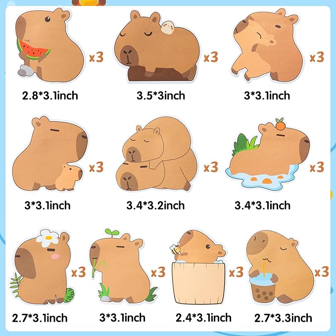 Xqumoi 30 Pack Capybara Sticky Notes - Cute Cartoon Capybara Self Sticky Notepads Writing Memo Pads Animal Page Marker for Office School Student Birthday Party Favors Goodies Bag Fillers 600 Sheets