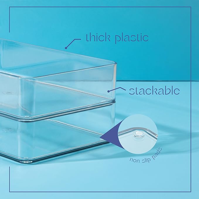 Plastic Clear Drawer Organizers. Bathroom, Kitchen, Bedroom, Gadgets, Office Organizer Bins, Storage Trays. Heavy Duty, Stackable. 12" x 3" x 2" Set of 6