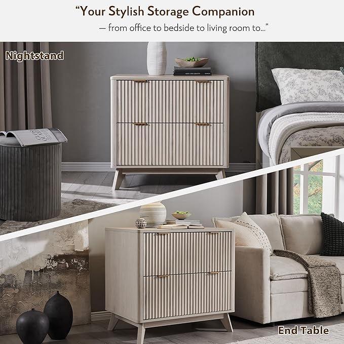 T4TREAM 2 Drawer File Cabinet, 31.8" W Fluted Lateral File Cabinet w/Files Hanging Rod for Letter/Legal/A4, Large Tabletop for Printer, Office Wood Printer Cabinets, Alder White (Gen 2)