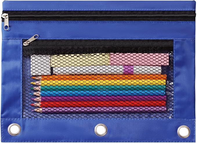 3 Ring Binder Pencil Pouch - School Pencil Case with 2 Zippered Pockets, Clear Mesh Window Pencil Bag, B5 Size, Back to School Gifts (Blue)