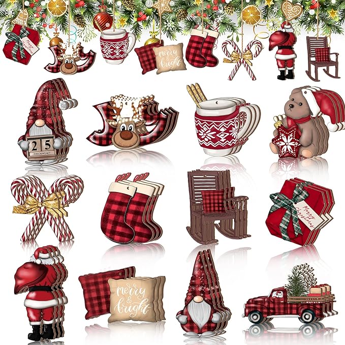 Huwena 36 Pcs Christmas Wooden Ornaments Red Black Christmas Decorations for Tree Snowman Gnomes Poinsettia Flowers Truck Wreath Wood Cutouts Tags with Ropes Winter Decor for Xmas Tree Gifts