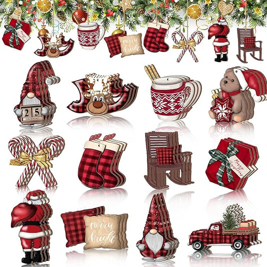 Huwena 36 Pcs Christmas Wooden Ornaments Red Black Christmas Decorations for Tree Snowman Gnomes Poinsettia Flowers Truck Wreath Wood Cutouts Tags with Ropes Winter Decor for Xmas Tree Gifts
