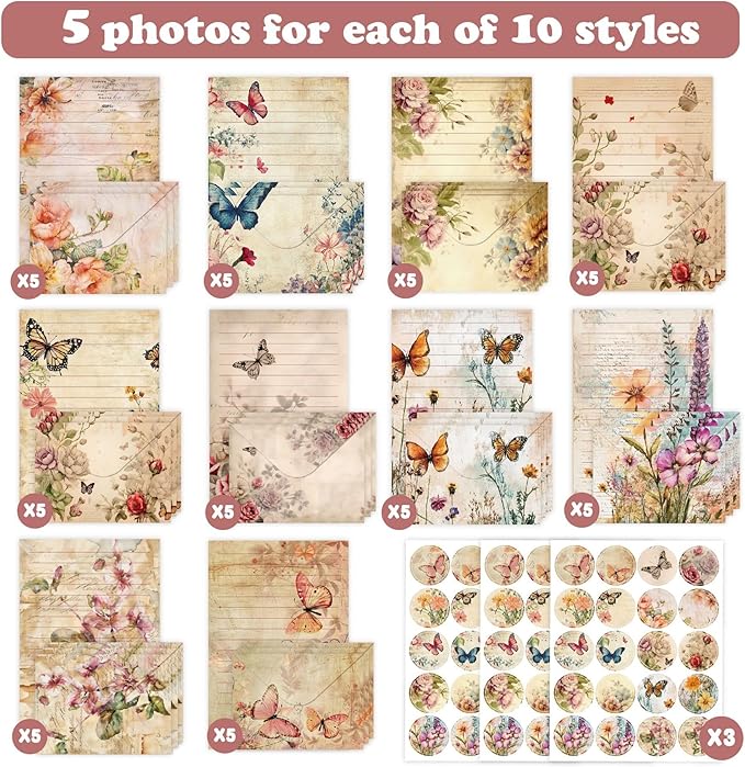 160 Packs Stationery Paper and Envelopes Set 10 Different Designs, 50 One Sided Stationery Writing Papers with 50 Matching Envelopes and 60 Round Dot Sticker, 5.5 x 8.25 Inch (VintagePlant)