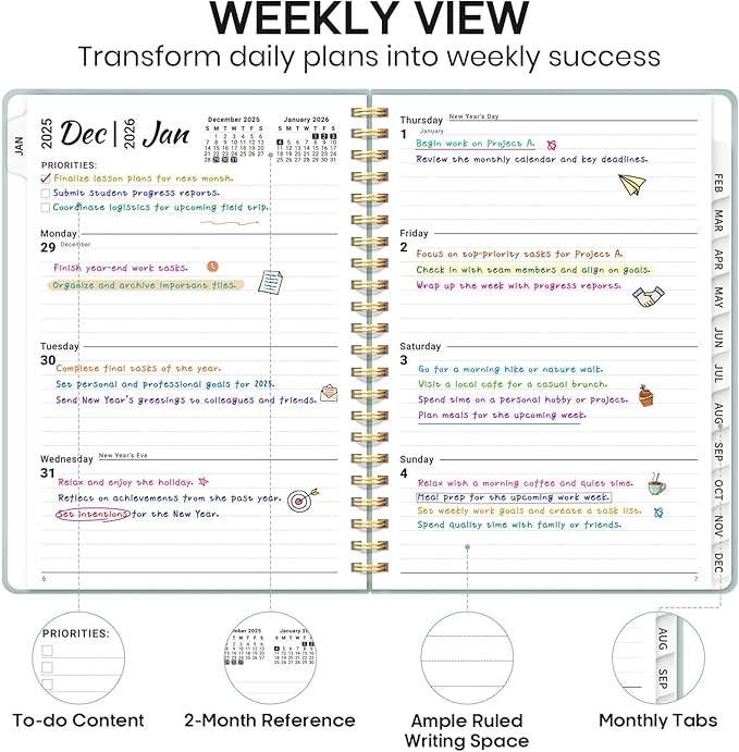 2026 Planner, Weekly and Monthly Calendar Planner Book, January 2026 - December 2026, Hardcover Spiral Planner with Monthly Tabs, Notes Pages, Perfect for Women & Men, A5 (6.4" x 8.5") - Grey Blue
