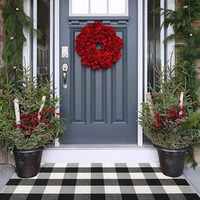 KIMODE Buffalo Plaid Outdoor Checkered Rug 24"x51", Christmas Door Mat Outside Entrance, Black and White Washable Farmhouse Layered Doormat for Front Door Porch Kitchen Entryway Christmas Decor