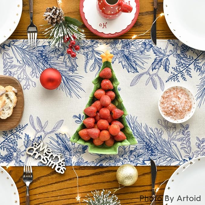 Artoid Mode Monochrome Sketch Holly Pine Cone Christmas Table Runner, Seasonal Winter Kitchen Dining Table Decoration for Home Party Decor 13x72 Inch