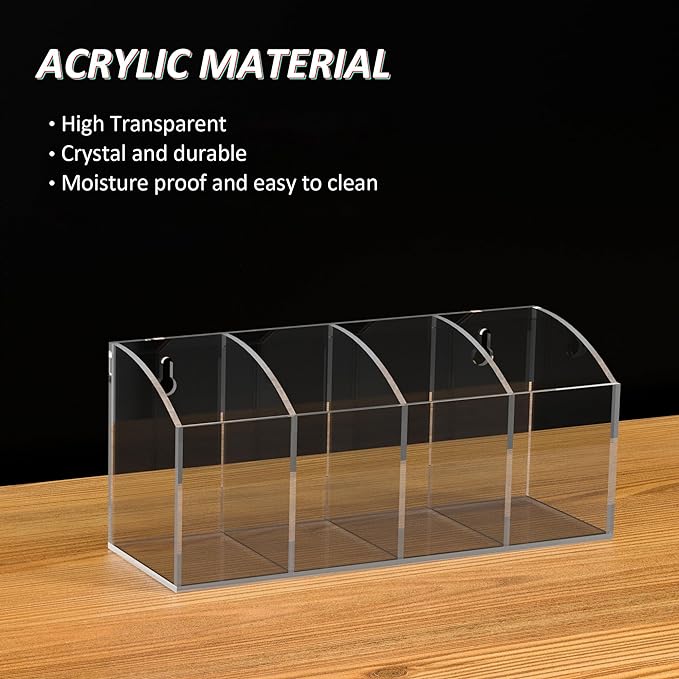 Acrylic Pen Holder 4 Compartments, Clear Pen Organizer Makeup Brush Holder, No Drill Wall Mounting Pencil Holder Office Accessories