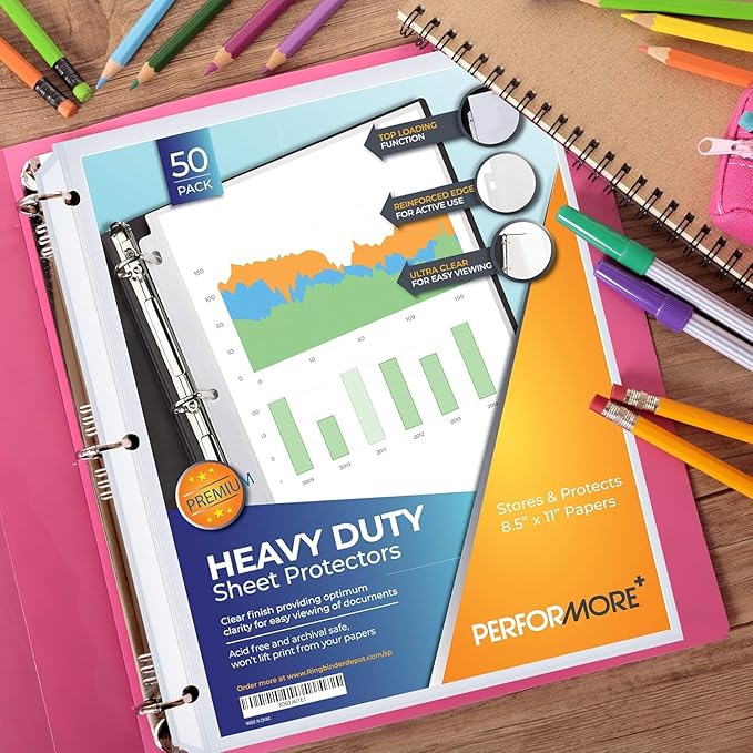 Performore 50-Pack Clear Sheet Protectors | 8.5 x 11 Inch Heavy Duty Plastic Sleeves | Top Loading Reinforced Hole Page Protectors | Archival Acid-Free Non-Glare for 3 Ring Binders Documents Photos