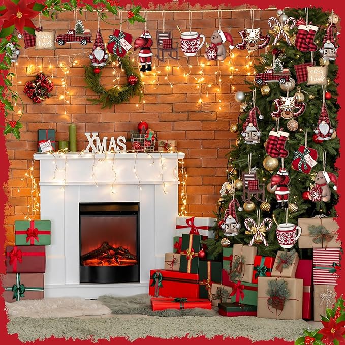 Huwena 36 Pcs Christmas Wooden Ornaments Red Black Christmas Decorations for Tree Snowman Gnomes Poinsettia Flowers Truck Wreath Wood Cutouts Tags with Ropes Winter Decor for Xmas Tree Gifts