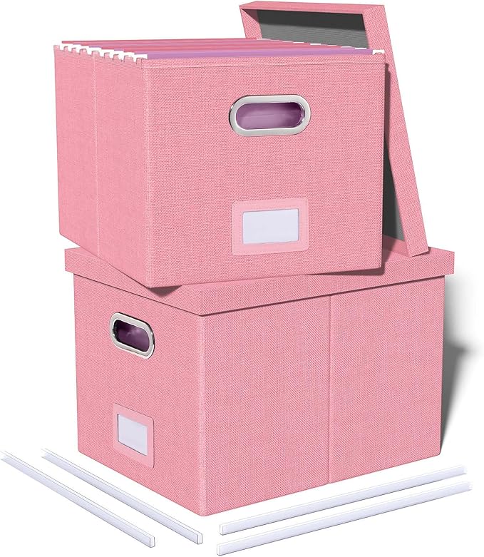 Oterri 2 Pack File Storage Organizer, Filing Box, Portable File Box with Lid, Fit for Letter/Legal File Folder Storage, document organizer, New-pink