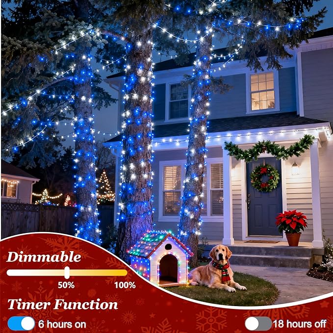 1500 LED 470FT Christmas Lights Outdoor, Christmas String Fairy Lights with Timer & Memory, Waterproof 12 Modes Dimmable Twinkle Tree Lights for Home Patio Wedding Party Yard Xmas Decor, Blue & White