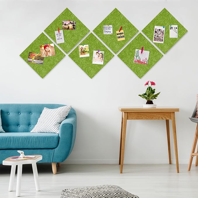 AKTOP Cork Bulletin Board 12x12, 1/2" Thick Felt Cork Board Tiles 6 Pack, Small Square Pin Board for Wall, Self Adhesive Corkboards with 60 Push Pin Wood Clips for School, Home & Office, Green