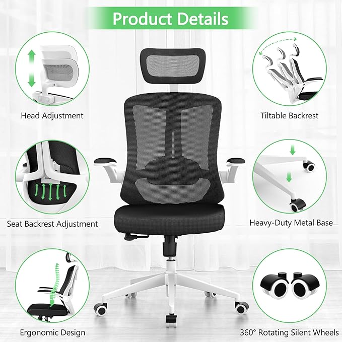 Office Desk Chair, High Back Ergonomic Comfy Offiec Chairs, Computer Mesh Chair with Folding Arms, Adjustable Headrest, Capacity 350LBS, Lumbar Support