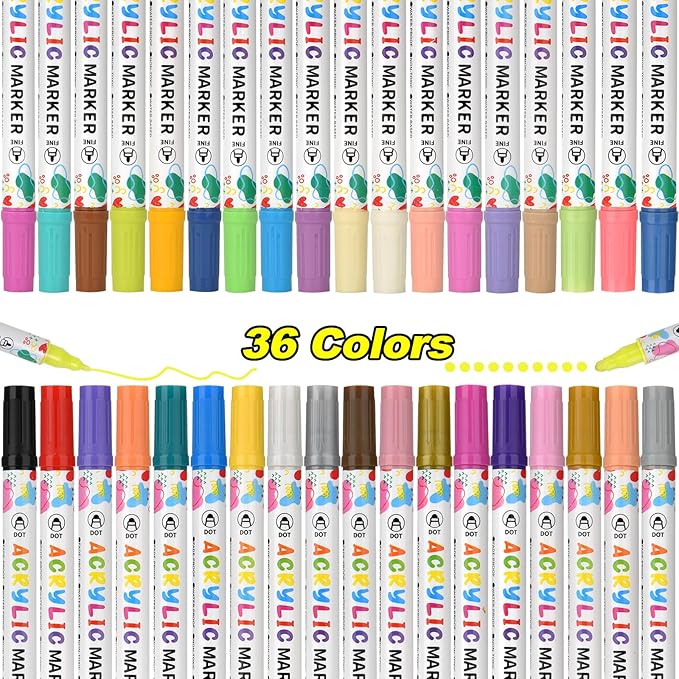 36 Colors Acrylic Paint Pens, Dual Tip Acrylic Paint Markers for Paper, Wood, Canvas, Stone, Rock Painting, Glass, Fabric, DIY, Ceramic, Art Supplies for Kids and Adults Drawing (Dot + Fine)