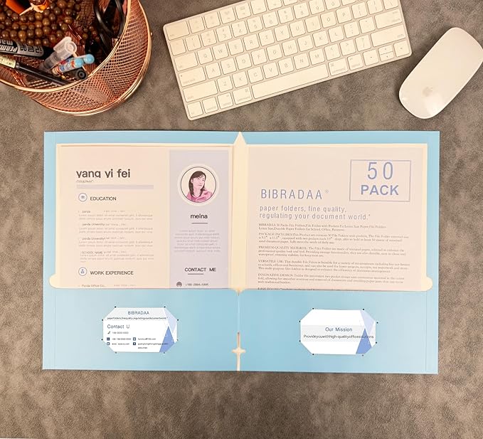 BIBRADAA® 50 Packs Blue Folders with Pockets,File Folder with Pockets Fit Letter Size Paper,File Folders Letter Size,Durable Paper Folders for School, Office, Business.(50, Light Blue)