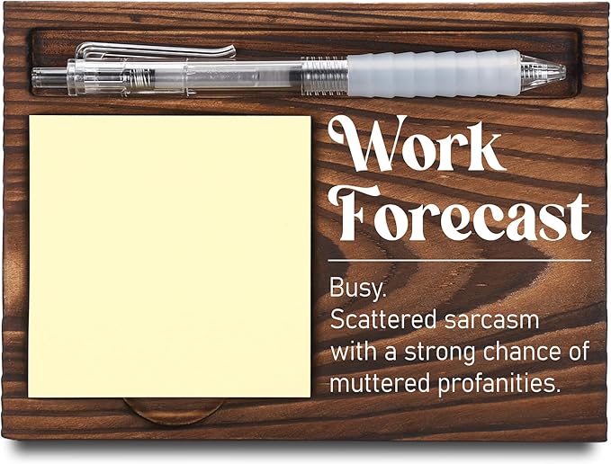 Funny Office Work Gifts for Coworker, Sarcastic Gag Going Away Farewell Gifts, Work Forecast Sticky Note Holder, Post-it Note Dispenser for Desk, Wooden Post-it Note & Pen Holder 6.5" x 4.7" - FTA110