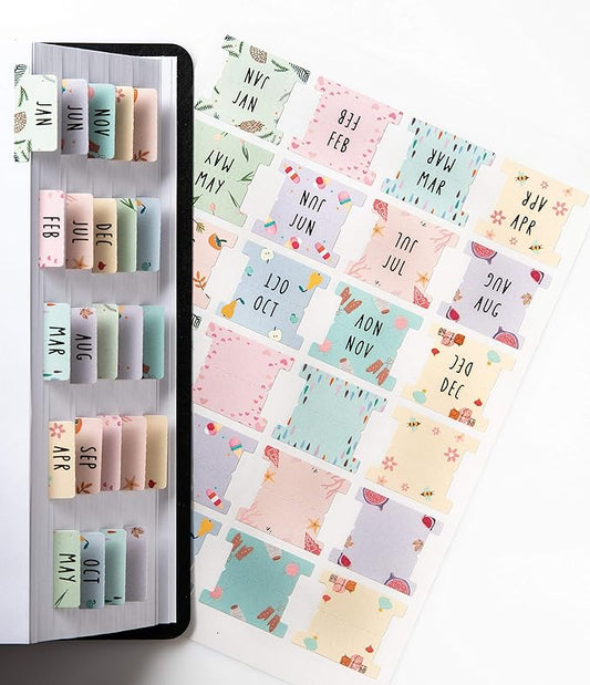 DiverseBee Laminated Planner Monthly Tabs, 24 Peel and Stick Tabs for Notebooks (12 Month Tabs and 12 Blank Tabs), Calendar Monthly Tab Stickers/Dividers (Assorted), Medium