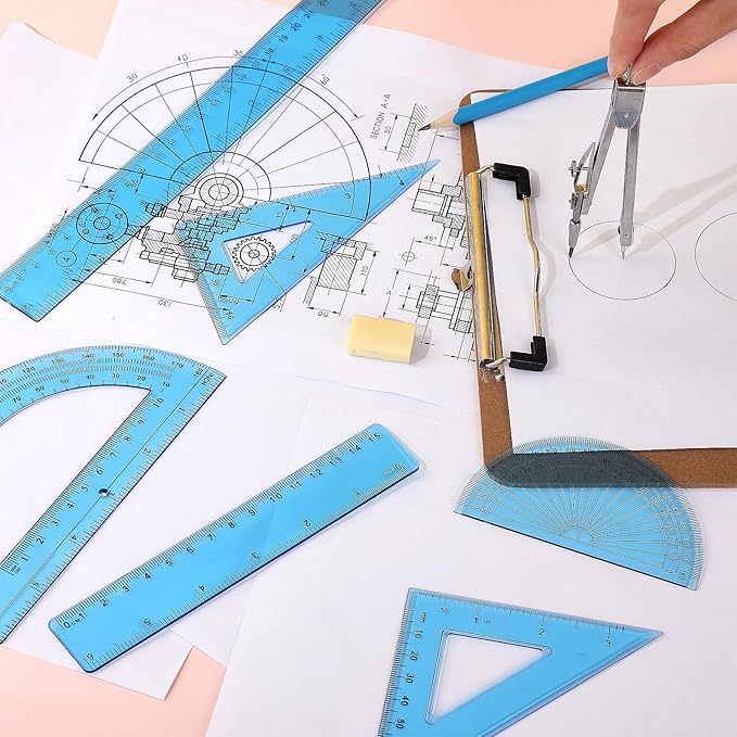 Zonon 1 Set Plastic Geometry Math Set Includes Drawing Compass, 6 Inch 4 Inch Protractor, 45/60 Degree Triangle Rulers 12 Inch 6 Inch Math Ruler Transparent for Office Supplies(Blue)