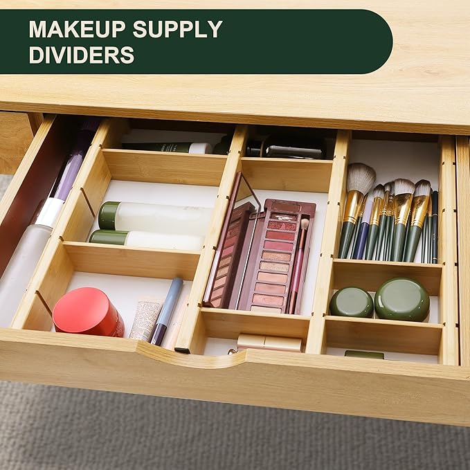 Utoplike Kitchen Drawer Divider with Inserts, Bamboo Drawers Organizer Adjustable, 4 pcs Large Expandable Wood Socks Drawer Organization for Dresser, Office, Spring Loaded