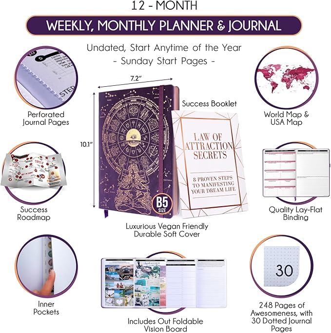 Law of Attraction Planner – Undated Hourly, Weekly & Monthly Goal Setting Planner, 12-Month to Increase Productivity | Life & Gratitude Journal, Include Foldable Vision Board, Gift Box & Stickers