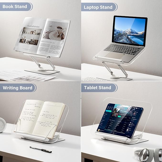Acrylic Book Stand for Reading, Adjustable Book Holder with 360° Rotating Base & Elastic Page Clips, Foldable Desktop Riser Stand for Cookbook,Laptop,Tablet,Music Scores,Recipe,Textbook