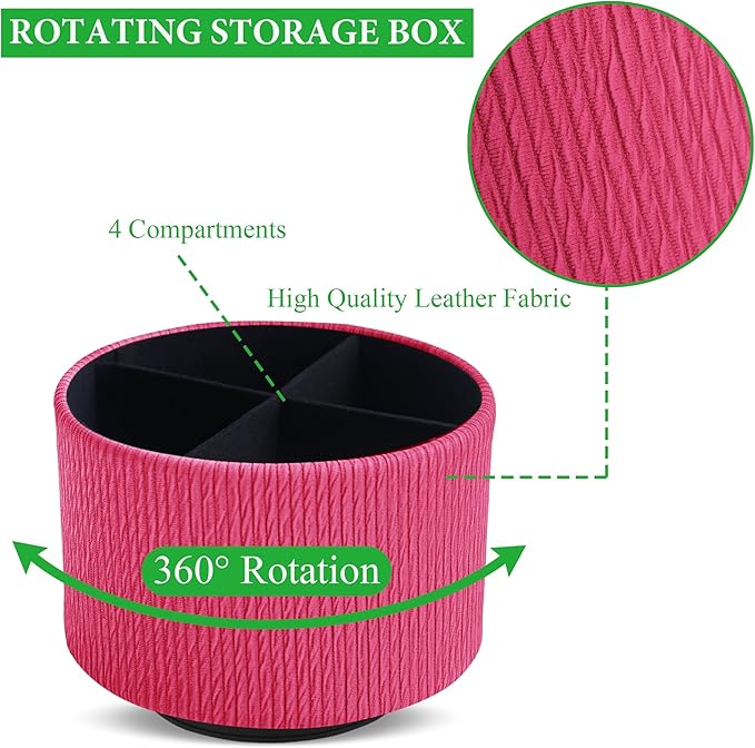 Hennaja Round Leather Art Supply Organizer,Remote Control Holder,360 Degree Spinning,Multi-Functional Pencil Holder,4 Compartments Desktop Stationary Organizer(1-Vertical Wood Red)