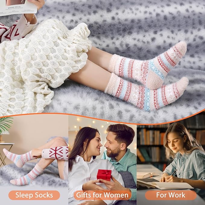 ICEIVY 5 Pair Fuzzy Cozy Socks for Women - Warm Comfy Soft Casual Home Sleep Winter Wool Socks - Gifts for Women