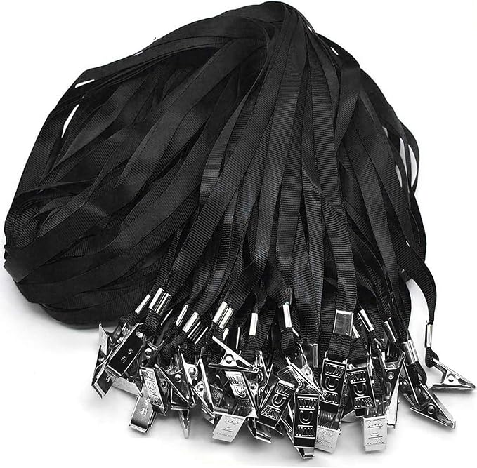 Beebel Black Lanyards 100 Pack Nylon Flat Badge Lanyard Bulldog Clip for Id Badge Name Tags