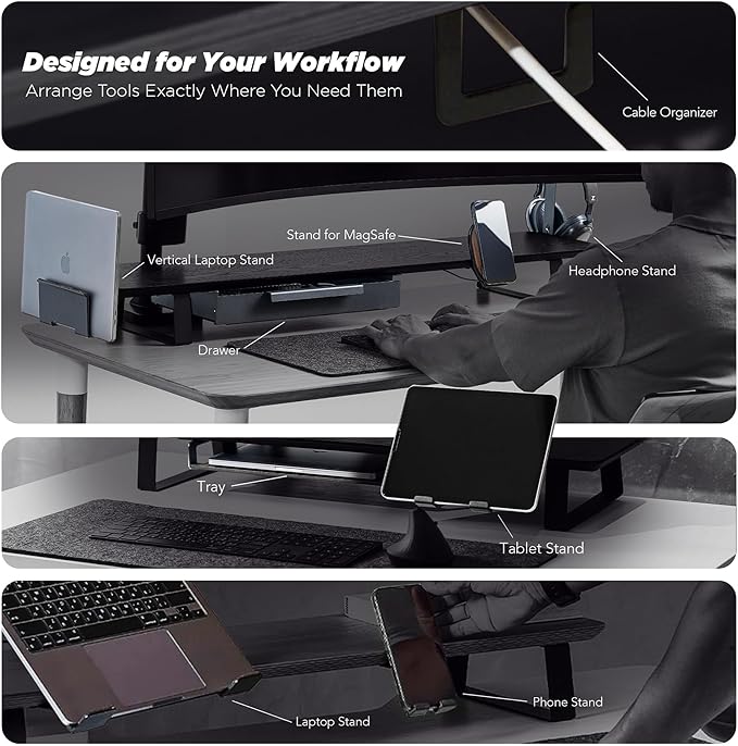 Moodular Wooden Monitor Stand 33.4” (85cm) Desk Organizer with Metal Slide Rails for Drawer, Tray, Laptop, Tablet, Phone & Headphones Customizable Riser for Organized Workspace Black MS85-B