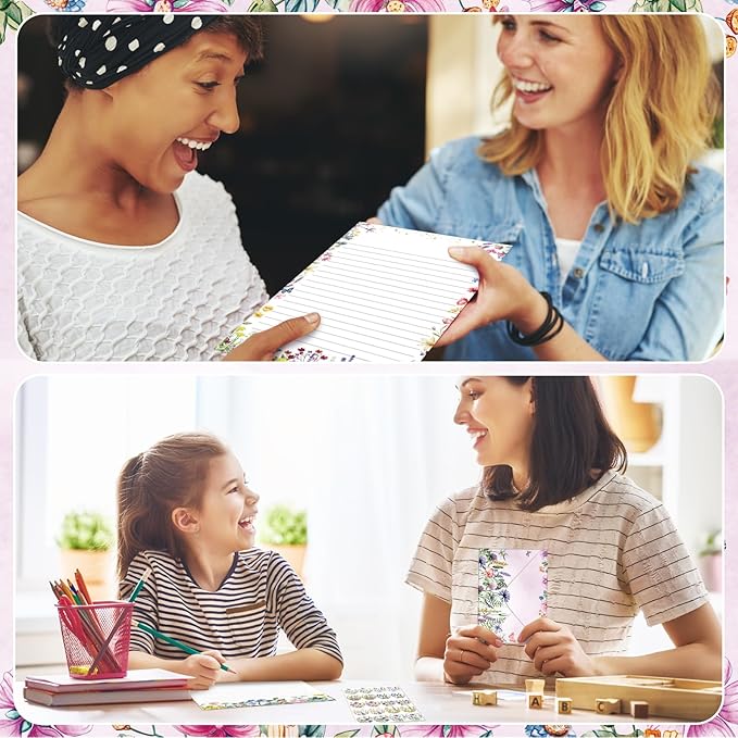 TaoBary 160 Pcs Stationery Paper Set 50 Double Sided Stationery Papers with 50 Matching Envelopes and 60 Round Dot Sticker, 10 Design(Wildflower,5.5 x 8.25 Inch)