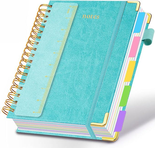 Hardcover Spiral Notebook 8"x10" Journal Notebook with Tabs and Removable Dividers 300 Pages 5 Subject Notebook College Ruled, Faux Leather Spiral Bound Notebook for Women, Students, School Work (Blue)