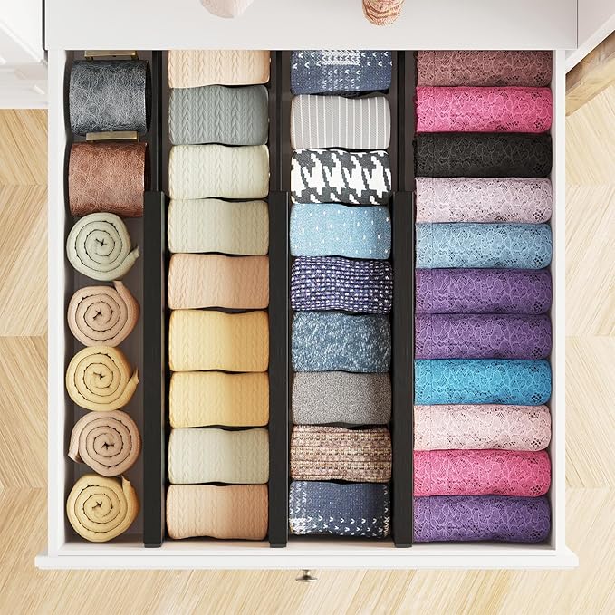 SpaceAid Bamboo Dresser Drawer Dividers 6 Pack, 4.65“ High Adjustable 12.5“-17” Drawer Organizers, Expandable Organization for Clothing, Clothes, Dressers, Black