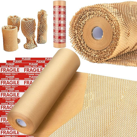 Honeycomb Packing Paper, MINHAO 15"x300' Eco Friendly Packing Paper for Moving Recyclable Honeycomb Paper Moving Supplies Bubble Paper Wrapping Protective Roll, With 36 Fragile Sticker Labels