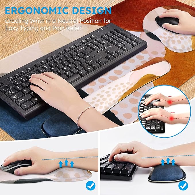 iCasso Desk Mat, Gaming Mouse Pad Wrist Support Set,4in1 XXL Large Mousepad + Keyboard Wrist Rest+Mouse Wrist Rest+Coaster Set with Ergonomic Design for Home Office Table Computer-Color Block