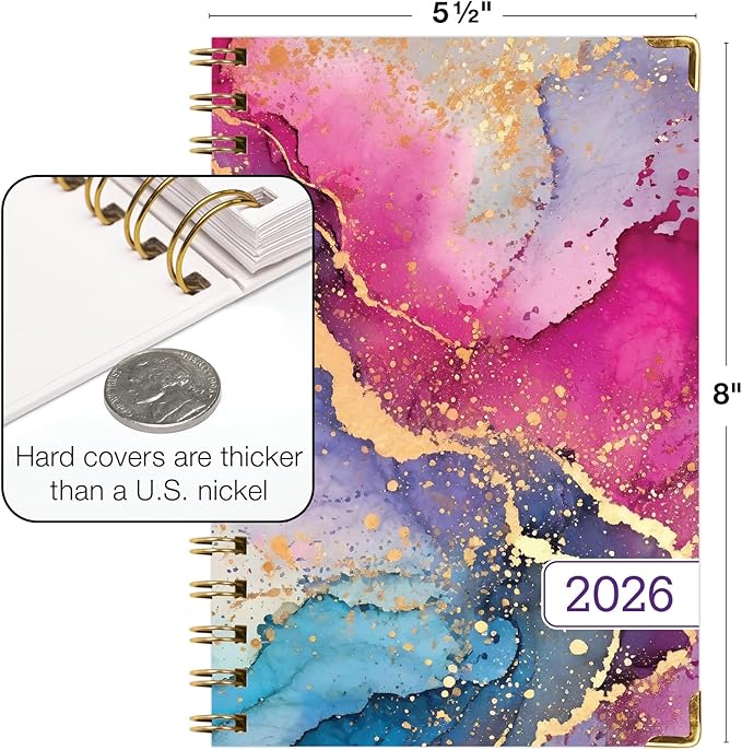 HARDCOVER 2026 Planner, 5.5"x8": 14 Months (November 2025 - December 2026), Daily Weekly Monthly Planner, Yearly Agenda, Bookmark, Pocket Folder and Sticky Note Set (Rainbow Gold Marble)