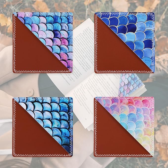 4 Pieces Leather Bookmarks, Cute Book Accessories for Reading Lovers, Page Markers for Women Men Kids Students Teachers Retirement Birthday Gift (Mermaid Scale)