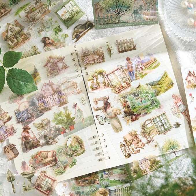 Snycler 20 Sheets PET Stickers - Vintage Journaling, Scrapbooking Supplies, DIY Craft Stickers for Junk Journals, Ephemera Sticker Book, Seasonal Themes (Spring), Pre-Cut Designs