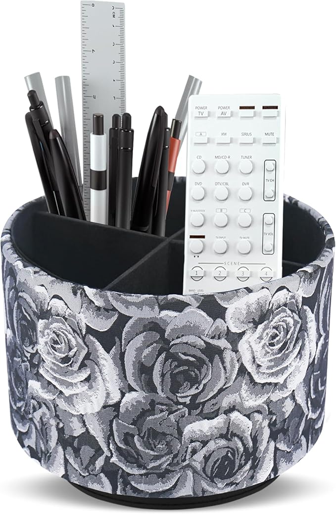 QIELIZI Round Leather Art Supply Organizer,Remote Control Holder,360 Degree Rotating,Multi-Functional Pencil Holder,4 Compartments Desktop Stationary Organizer(1-3D Black Grey)