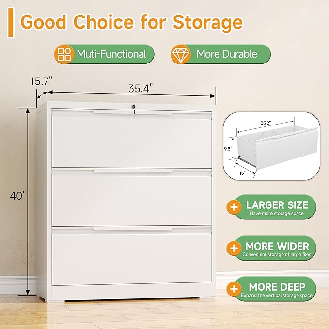 3 Drawer Lateral File Cabinets with Lock,Metal Filing Cabinet for Home Office,Wide Office Storage Cabinet with Hanging Bars for A4 Legal/Letter Size(White-Easy Assembly)