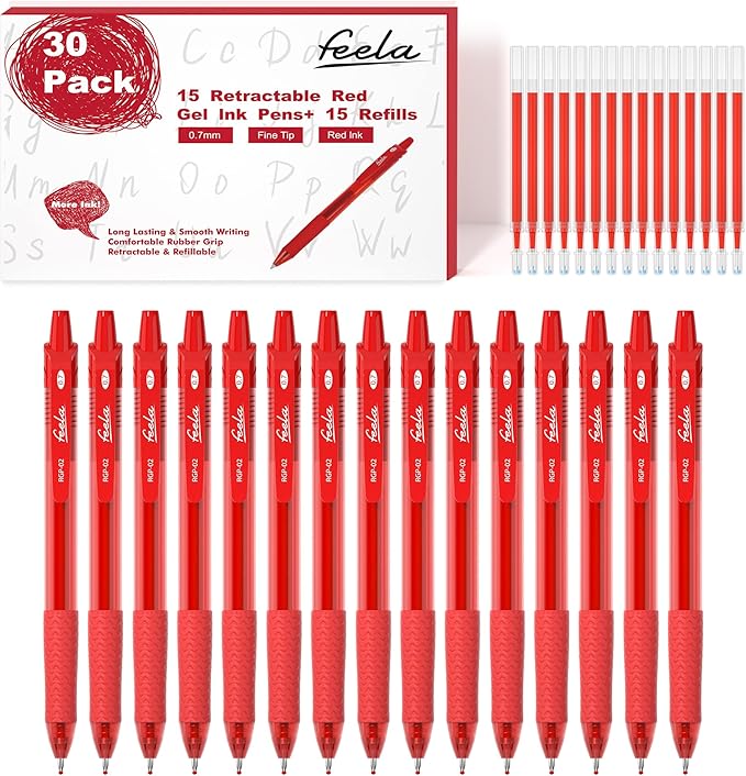 feela 30 Pack Retractable Red Ink Gel Pens Set Medium Point 15 Piece Fine Point Gel Pen with 15 Refills for Smooth Writing
