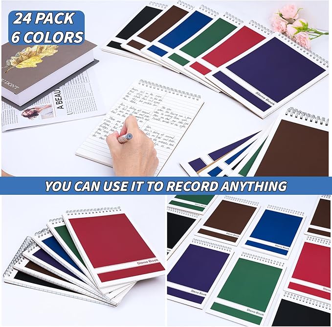 24 Pack Steno Pads 6 x 9 in Spiral Top Notebook Bulk 6 Assorted Color Note Pad 60 Sheets Gregg Rule Writing Paper Steno Notebooks for Students Teachers Men Women Professionals Office School Recording