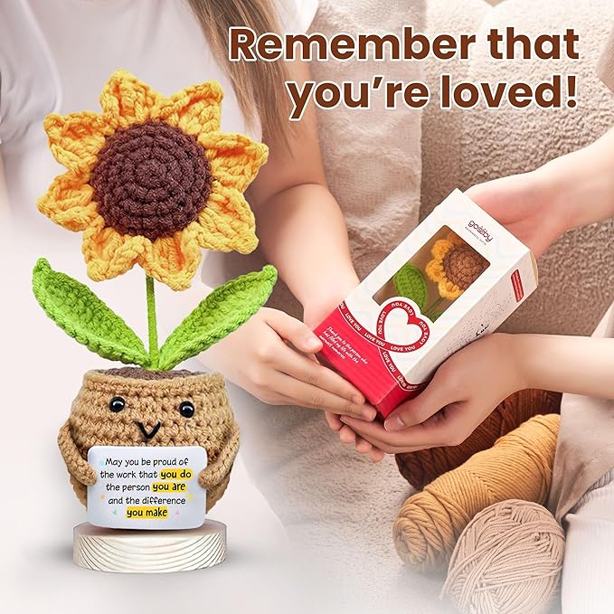 Gossby Handmade Positive Sunflower Crochet - May You Proud of The Work That You Do - Inspirational Gift for Women - Positive Energy, Apreciation, Farewell, Retirement, Goodbye Gift for Coworker