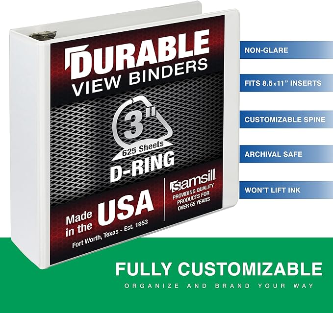 Samsill Durable 3 Inch Binder, Made in The USA, D Ring Binder, Customizable Clear View Cover, Pearl White, Holds 625 Pages