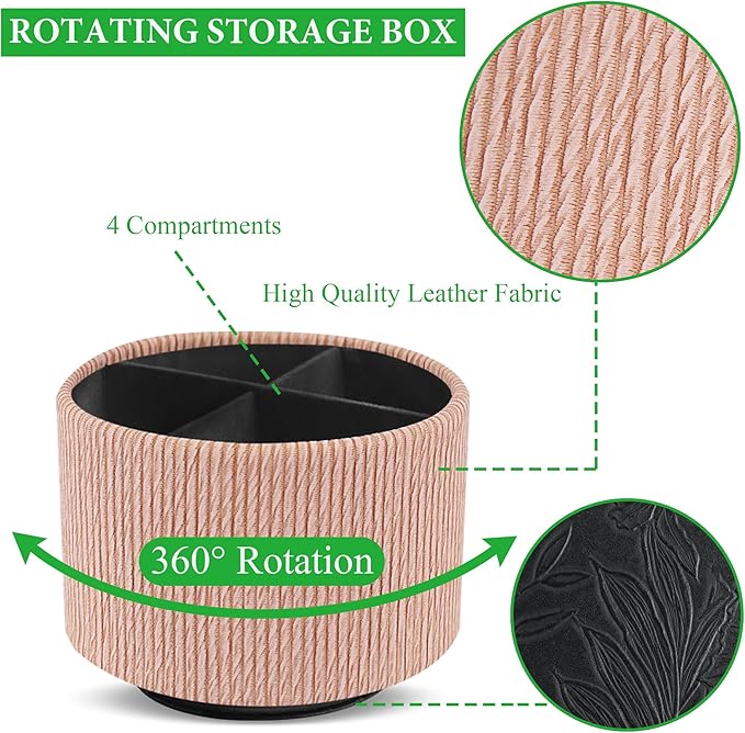 Hennaja Round Leather Art Supply Organizer,Remote Control Holder,360 Degree Spinning,Multi-Functional Pencil Holder,4 Compartments Desktop Stationary Organizer(1-Wood Apricot)