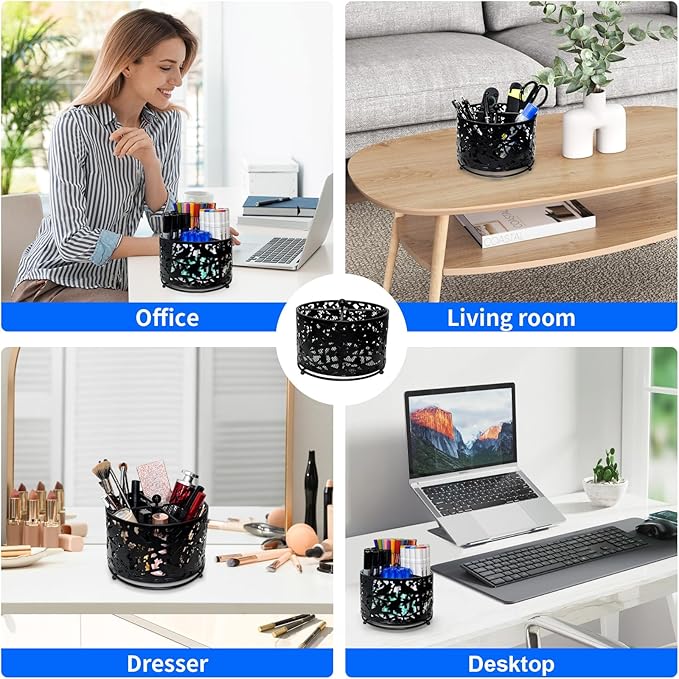 360 Degree Rotate Pen Holder for Desk Mesh Desk Pen Organizer Pencil Holder Large Capacity Accessories & Workspace Organizers for School,Home (Black bird lace pattern, No hook)