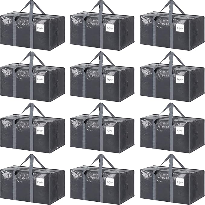 12 Pack Extra Heavy Duty Large Moving Bags with Strong Zipper & Comfortable Handles, Sturdy & Durable Clothes Storage Bags Totes Bins, Packing Moving Boxes for College Supplies, Gray