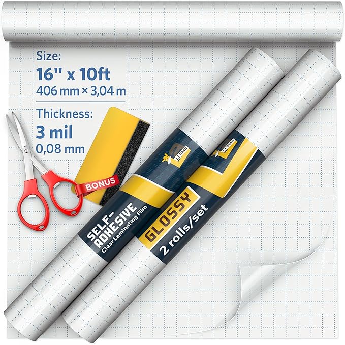 Self Adhesive Clear Laminating Roll 2 Pack 16" x 10' Each, Glossy Laminate Roll for Crafts, Clear Contact Paper Peel and Stick, Durable Laminating Film Roll 3 MIL